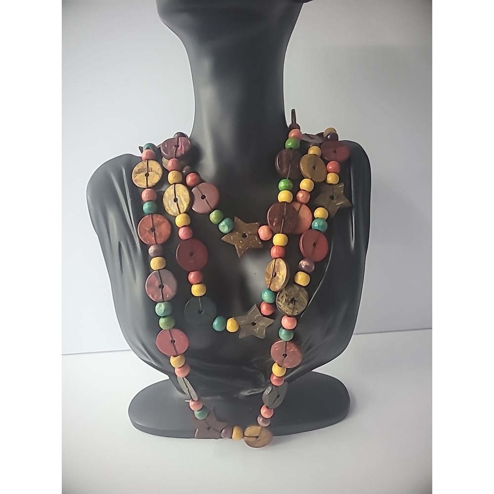Vintage Necklace Beaded Circles Stars‎ Red Yellow Brown Jewelry Costume